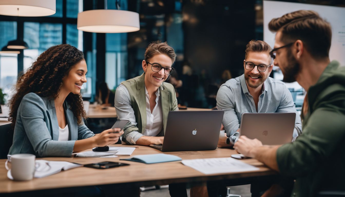 Diverse group of remote workers collaborating in a modern office space.