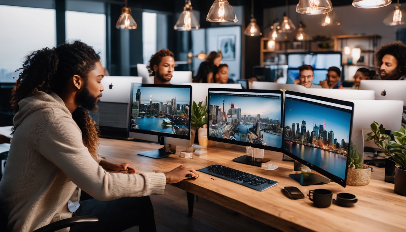 Diverse group of remote workers collaborating online in detailed cityscape photography. remote workers